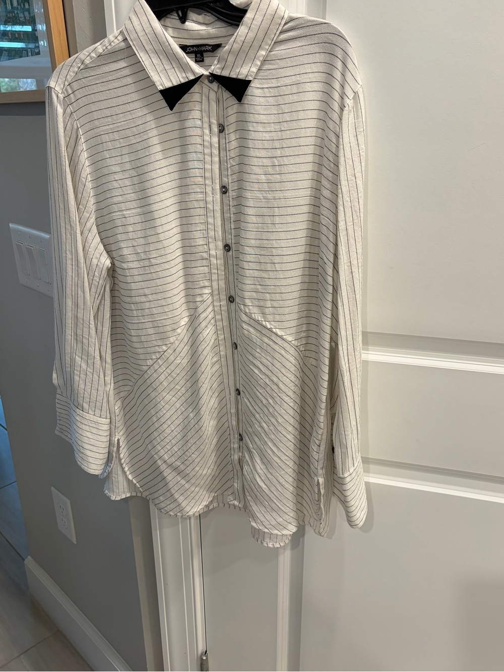John Mark White and Black Pinstripe Button-Up Shirt
